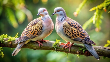 Two delicate turtle doves sit serenely on a branch, their iridescent feathers glistening with intricate patterns in the soft morning light.