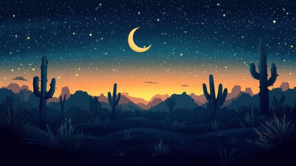 Naklejka premium Desert Night Sky with Crescent Moon and Cactus Silhouettes - Starry Night Landscape Illustration