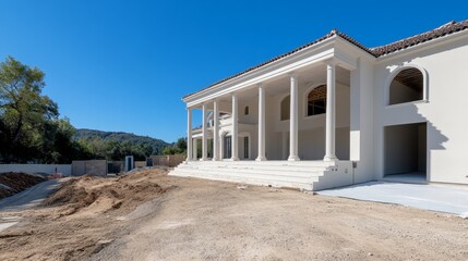 Fototapeta premium A majestic Mediterranean mansion under construction, showcasing its grand columns, expansive porch, and picturesque setting. This architectural masterpiece promises opulent living and breathtaking vie