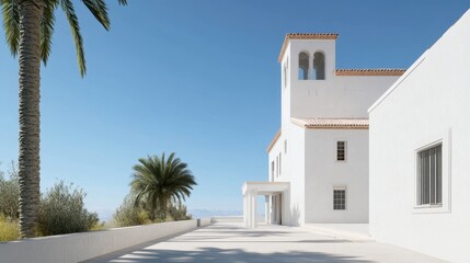 A white Mediterranean mansion under construction with palm trees and a blue sky in the background. This luxurious home features a classic design with a focus on natural light, spacious rooms, and a be