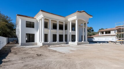 A majestic Mediterranean-style mansion under construction, showcasing its grand columns, expansive facade, and luxurious design, promising a breathtaking final result.