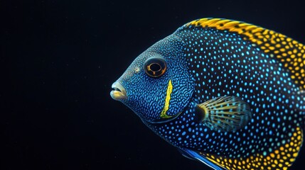 A vibrant blue and yellow fish swimming against a dark background.