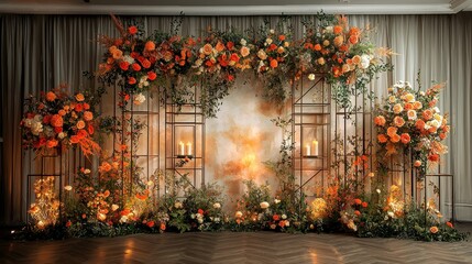 Floral Wedding Arch with Candles and Wooden Floor
