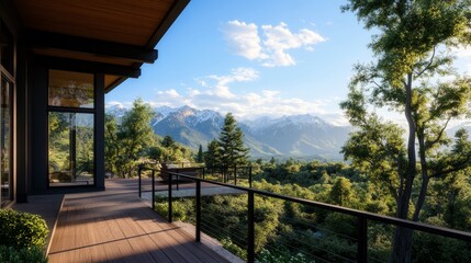 Fototapeta premium A stunning modern home boasts an expansive deck with breathtaking mountain views. Enjoy the serene setting with lush greenery and clear skies. Perfect for relaxation, entertainment, and soaking up the