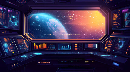 Outer view of spaceship window with control system room. abstract discover new planet in space. finest generative ai. Starship. Illustration