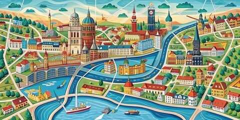 Vibrant illustration of Munich's city map featuring iconic landmarks, streets, and waterways in a stunning blend of colors, highlighting the city's rich history and cultural heritage.