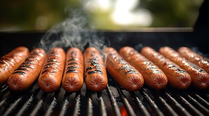 Juicy hot dogs lined up on a grill, sizzling with distinct grill marks and smoke curling from their surface. The background shows a blurred outdoor barbecue setting, bathed in warm sunlight,