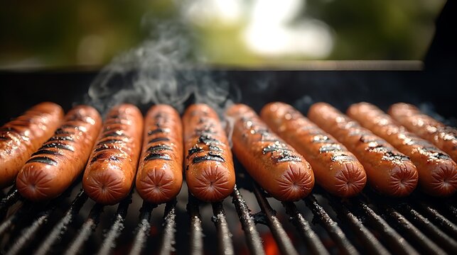 Juicy hot dogs lined up on a grill, sizzling with distinct grill marks and smoke curling from their surface. The background shows a blurred outdoor barbecue setting, bathed in warm sunlight,