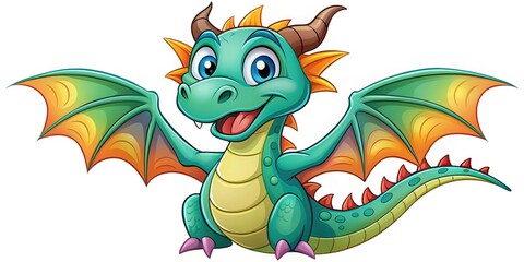 Fototapeta premium Whimsical cartoon dragon illustration with vibrant scales, smiling face, and playful wings, perfect for kids' books, educational materials, and fantasy-themed designs.