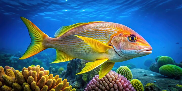 Vibrant yellowtail snapper fish swims amidst coral reef, its shimmering yellow scales and flowing fins radiating warmth against a brilliant blue ocean backdrop.