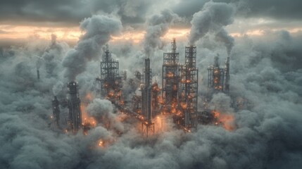 Industrial Smog Pollution Above Clouds Factory Aerial View