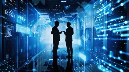 Two businessmen discussing business strategy in a futuristic data center