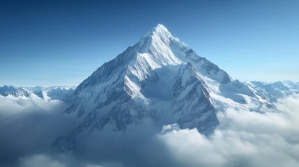 A breathtaking panoramic view of a majestic mountain peak piercing through a sea of clouds, symbolizing ambition, strength, resilience, nature's grandeur, and the pursuit of the summit.