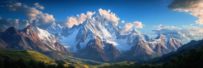 Majestic Mountain Peak View, snow-capped mountain range, panoramic vista, blue sky with clouds, green valley.