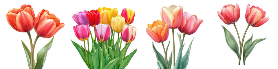 Obraz premium Closeup view of vibrant tulip bouquets in a variety of spring colors including red yellow pink and white arranged beautifully in glass vases on a plain white background
