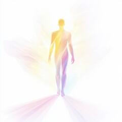 Obraz premium A vibrant silhouette of a person walking towards light, symbolizing enlightenment and transformation in a dreamy, soft palette.