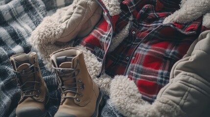 Cozy Winter Accessories: Plaid Shirt, Furry Boots, and Warm Blanket