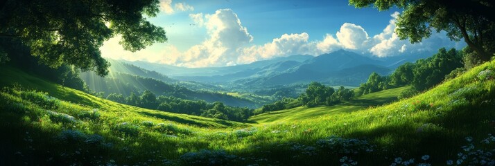 A serene scene of a lush green valley nestled amidst rolling mountains, bathed in the warm glow of sunlight. The image conveys a sense of peace, tranquility, and natural beauty.