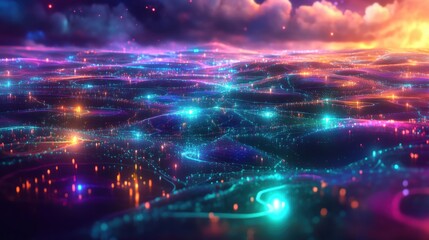 Abstract Futuristic Cityscape with Glowing Lines and Lights - Digital Art Background.