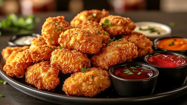 A close-up of a party platter loaded with golden chicken nuggets and a variety of colorful dipping sauces, perfect for a casual gathering. The nuggets are crispy and warm, - Powered by Adobe