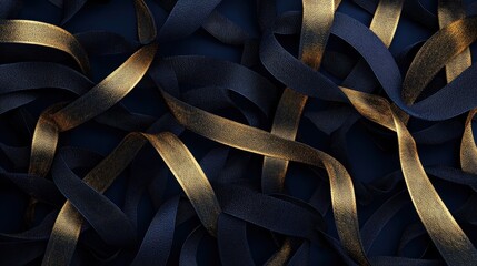 Abstract Background of Intertwined Gold and Black Ribbons with a Textured Surface.