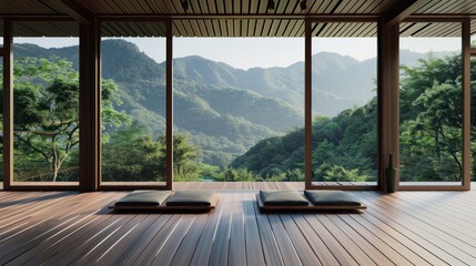 Fototapeta premium Serene Mountain View Through Large Windows