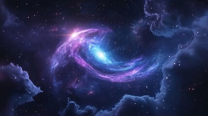 A vibrant nebula swirls in a cosmic dance, radiating purple and blue hues against a backdrop of twinkling stars, symbolizing celestial beauty, the vastness of space, the birth of stars, cosmic energy,