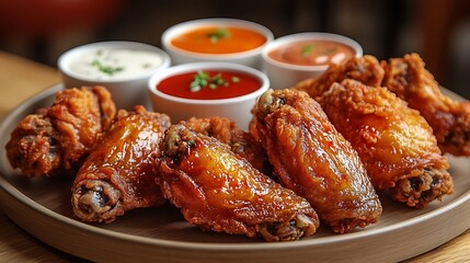 A close-up of crispy fried chicken wings arranged on a plate with different dipping sauces, including buffalo and ranch. The wings are hot and glistening with a golden crust,