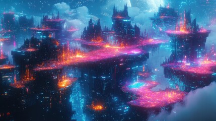 Fototapeta premium Futuristic Cityscape with Floating Islands and Neon Lights - Cyberpunk City in the Sky