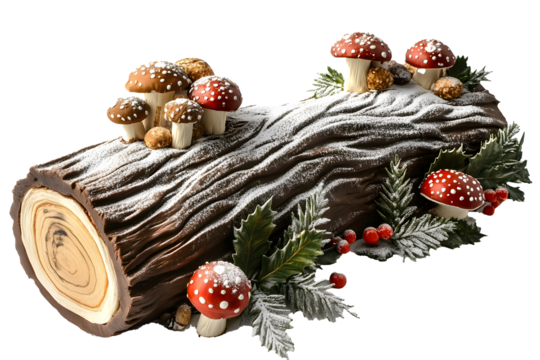 A festive yule log cake, shaped like a realistic wooden log, with chocolate buttercream swirls imitating bark  with transparent background, PNG file