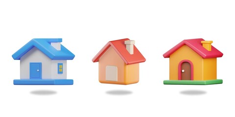 3D Colorful Cartoon House Icons Set - Real Estate, Home, Property, Architecture, Cute Home Design