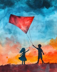 Watercolor Silhouette of Two Children Flying a Kite at Sunset.