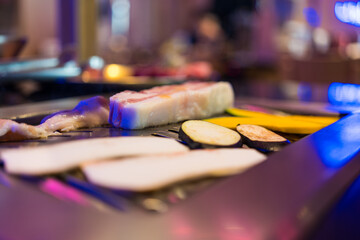 Delicious grilled pork belly BBQ, Korean cuisine. Selective focus