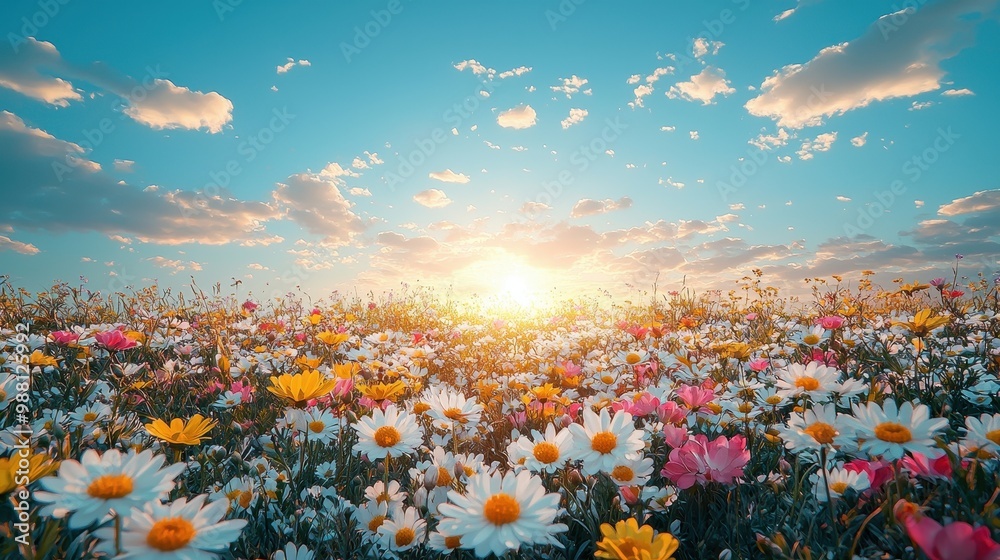 Poster sunset over a field of wildflowers