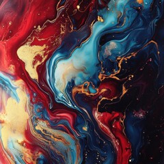 Abstract Liquid Art with Red, Blue, and Gold Swirls - Fluid Painting Texture.