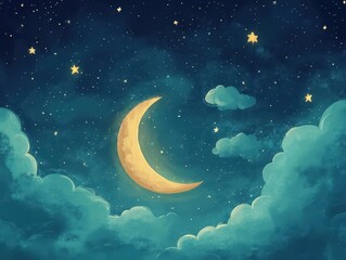 Naklejka premium Night Sky with Crescent Moon and Stars - Watercolor Painting Illustration