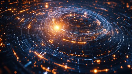 Abstract Technology Background with Circular Glowing Lines and Bokeh Lights.