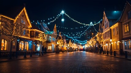 Obraz premium Christmas Town Lights Background, Night Blurred City Street with Lightning and Bokeh