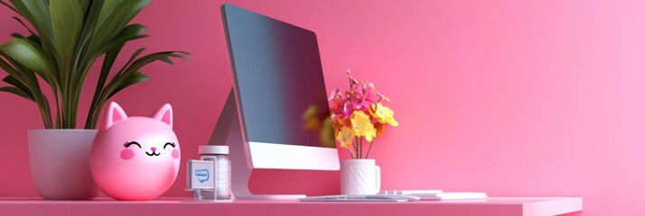 A cute and pastel-themed computer setup featuring a pink cat figurine, a plant, and flowers in a vase. The desk is white with a pink backdrop.