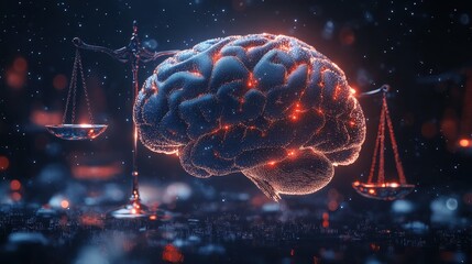 Abstract Brain with Scales of Justice - Artificial Intelligence, Law and Judgement Concept.