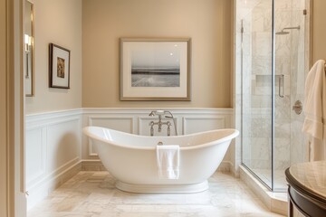 A luxurious bathroom with a freestanding tub, glass shower, and marble flooring