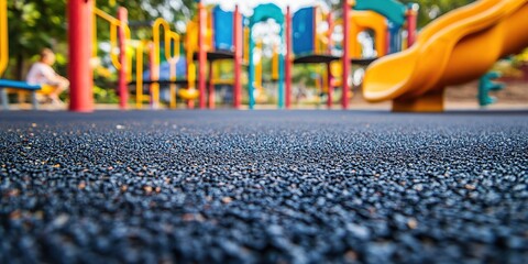 Close up of the asphalt on an outdoor playground with colorful slides