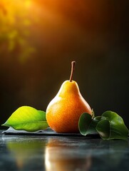 A single ripe pear with green leaves on a dark table, illuminated by a warm light.  Symbolizing freshness, natural beauty, healthy eating, and autumn harvest.