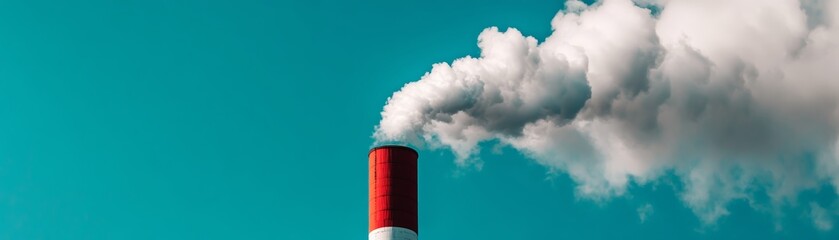 Red and White Chimney with Smoke Plume Against Teal Sky