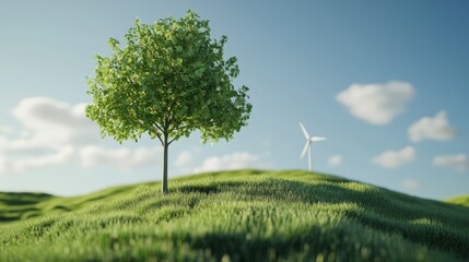Fototapeta premium Green Tree and Wind Turbine on a Hilltop with Blue Sky