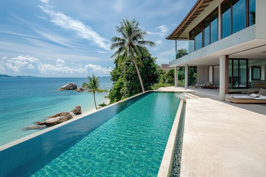 A luxury beachfront villa with a cantilevered design and infinity pool