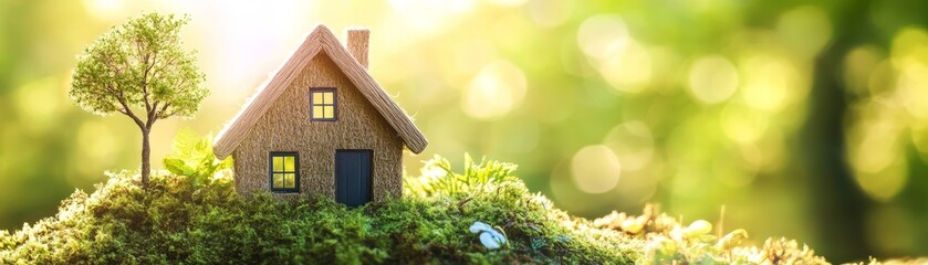 Small House with Green Tree on Hill with Moss and Sun Rays