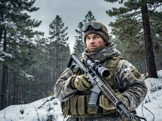 Fototapeta premium hunter with rifle in forest