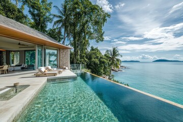 A luxury beachfront villa with a cantilevered design and infinity pool