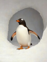 Fototapeta premium A penguin emerges from a snowy hideaway, symbolizing resilience, adaptation, exploration, new beginnings, and winter wildlife.